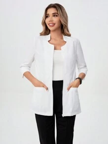 TaskEZ Áo khoác đồng phục y tá màu trơn có túi đôi - trắng - Xem 5