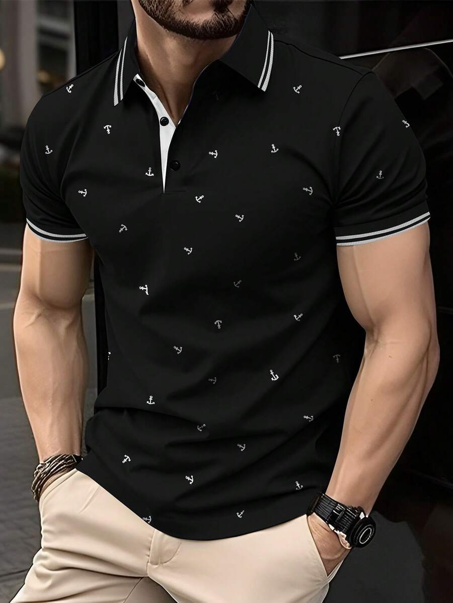 Calvornis Men's Summer Anchor Striped Short Sleeve Casual/Commute Polo Formal Shirt, Ceremony - Black - View 1