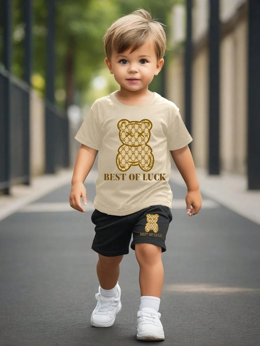 2pcs/Set Young Boy Casual Street Style Cute Sports Outfits, Summer - Green - View 1