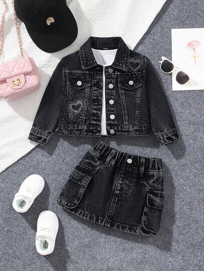 SHEIN 嬰兒女童雪花圖案及鑽石裝飾黑色牛仔套裝，設計可愛迷人