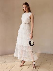 MOTF PREMIUM MESH OVERLAY LACE TRIM TIERED RUFFLE HEM LONG DRESS WOMEN OUTFIT - White - View 4