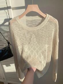 SHEIN EZwear Women's Early Autumn Large Mesh Hollow Star Pattern Sweater, Suitable For Daily Wear, Best-Selling Style