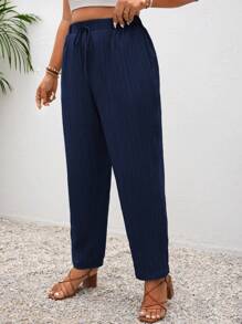 SHEIN Frenchy Plus Size Vacation Solid Color Knotted Casual Pants With Pockets - Navy Blue - View 6
