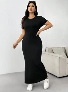 SHEIN EZwear 大尺碼女款夏季純色圓領短袖不對稱下擺長款休閒連衣裙 - 黑色 - 查看 5