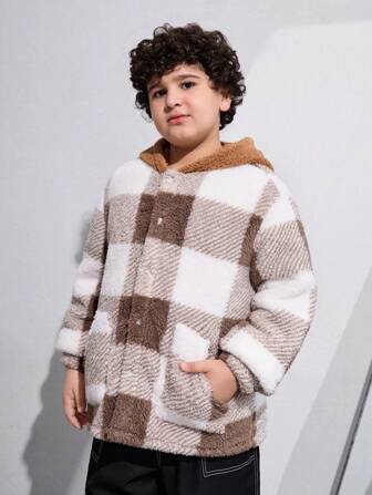 SHEIN Tween jongens uitgebreide geruite fleecejas, herfst/winter