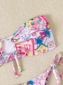 SHEIN Swim 女士夏季海灘比基尼套裝，空心椰樹圖案胸圍上衣配束邊下著 - 粉色 - 查看 3