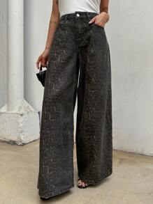 DAZY 女式豹紋寬腿休閒牛仔褲，附有口袋 - 卡其色 - 查看 6