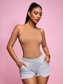 Slayform 女士純色無縫背心連體衣，無袖款 - 卡其色 - 查看 6