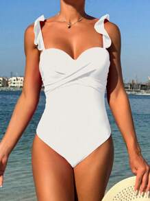 Swim Vcay Women's Solid Color Lace Shoulder Strap Hollow Out Simple One-Piece Bra (With Underwire And Steel Support) Summer - White - View 1