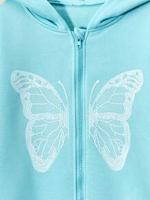 SHEIN Tween女孩蝴蝶印花連帽拉鏈衫 - 藍色 - 查看 4
