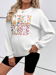SHEIN Maternity Fall/Winter Loose Fit Round Neck Sweatshirt With Letter Print And Drop Shoulder Design With Long Sleeve - White - View 5