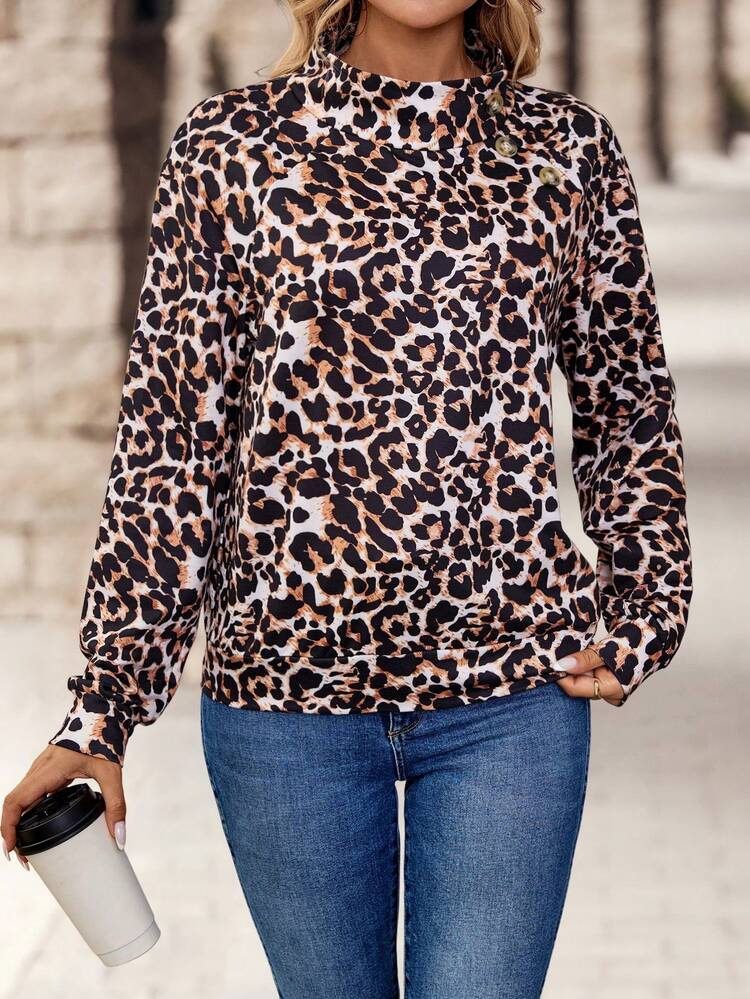 Women's Round Neck Long Sleeve Leopard Print Casual Daily Sweatshirt, Fashionable And Elegant