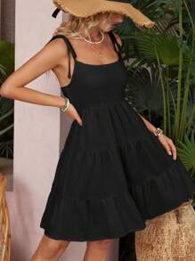 SHEIN VCAY 女款純色度假休閒細肩帶連身裙 - 黑色 - 查看 4