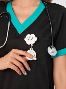 TaskEZ 女士撞色边饰 4 口袋上衣 - 黑色，配青色边饰拼色短袖制服上衣 手术服上衣 - 舒适工作制服 - 彩色 - 查看 9