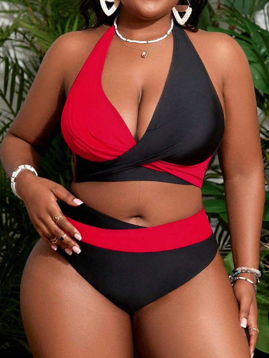 Slaydiva 大码女式拼接简约日常泳衣套装夏季