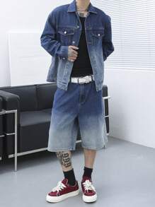 Manfinity Roghcode 男士春夏季加大碼休閒水彩染洗夾克和短褲牛仔套裝 - 深色水洗藍 - 查看 3