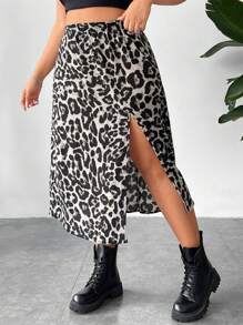 SHEIN PETITE CURVE 大码女式豹纹松紧腰开衩裙狂欢节服装 - 彩色 - 查看 4