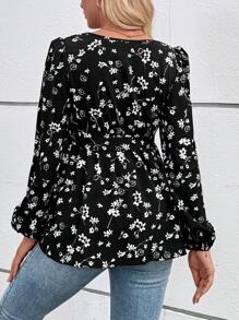 SHEIN 孕妇休闲圆领灯笼袖衬衫 - 黑色 - 查看 4