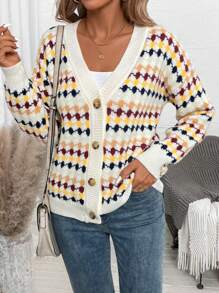 SHEIN LUNE Women's Colorful Minimalist Daily Buttoned Long Sleeve Cardigan - Multicolor - View 5