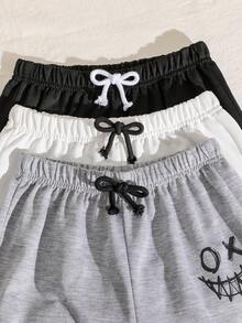 3pcs/Set Tween Boy Vacation Collegiate Style Printed Loose Fit Knit Shorts, 3 Colors - Black and White - View 4