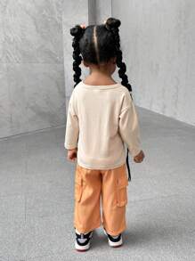 SHEIN 2pcs Baby Girls' Fun Slogan Long Sleeve T-Shirt And Workwear Pants Set, Daily Wear - Orange - View 2