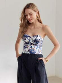 MOTF PREMIUM Top De Tubo Bustier Slim Fit Estampado Plantas - Azul Marino - Ver 5