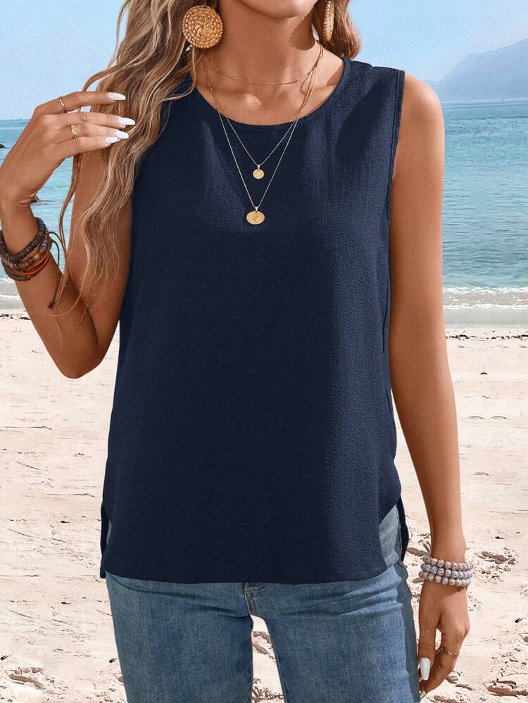 Women's Summer Solid Color Round Neck Sleeveless Loose Casual Shirt