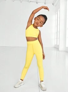 SHEIN Bộ đồ thể thao co giãn nén thoải mái cho bé gái, màu vàng, bao gồm áo ba lỗ và quần legging để chạy và đạp xe, thấm ẩm và thoáng khí - Màu vàng - Xem 5