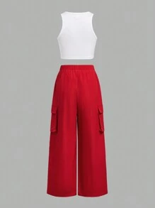 SHEIN Girlism 2pcs Tween Girls' Casual Comfortable Sleeveless Top And Utility Pants Set With Halter - Red - View 2