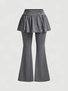 SHEIN MOD 灰色芭蕾風格褶皺迷你裙，大尺碼，配有蝴蝶結和2合1設計，下擺為傘裙狀長褲 - 灰色 - 查看 1