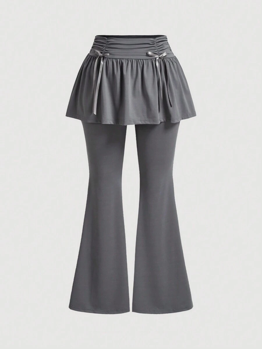 SHEIN MOD 灰色芭蕾風格褶皺迷你裙，大尺碼，配有蝴蝶結和2合1設計，下擺為傘裙狀長褲 - 灰色 - 查看 1