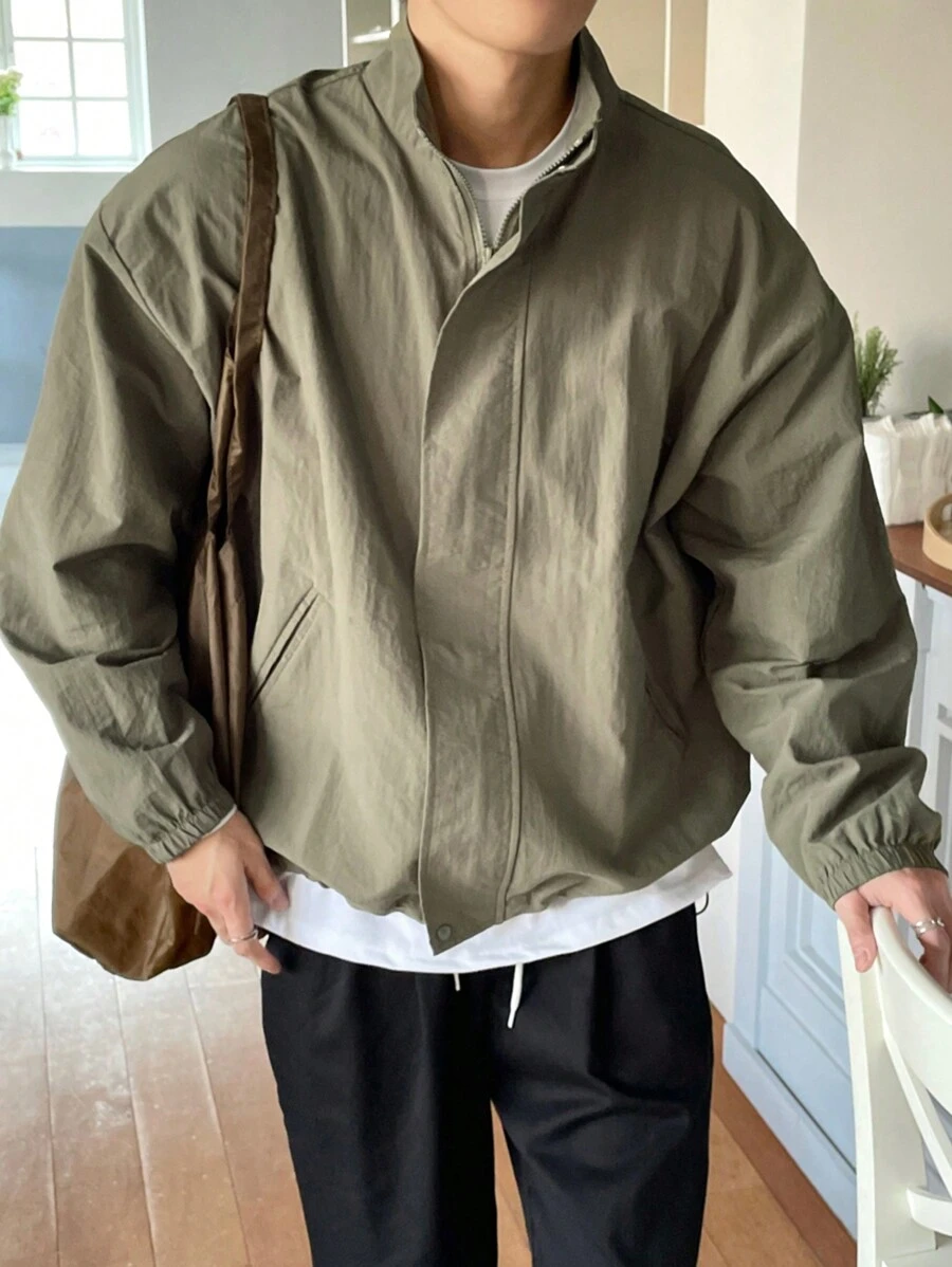 DAZY 男士休閒純色立領外套,秋季 - 卡其色 - 查看 1