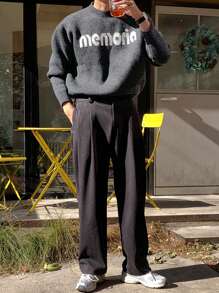 DAZY Men's Round Neck Letter Printed Long Sleeve Daily Casual Fashionable Autumn Sweater With Alphabet - Grey - View 2