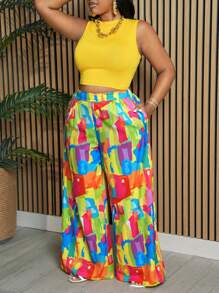 Slaydiva Plus Size Elegant & Holiday Casual Net Yellow Sleeveless Vest And Wide Leg Pants, Color-Blocked Tie Dye Printed Women's 2-Piece Set, Pride, Summer,Holiday Outfits - Yellow - View 7