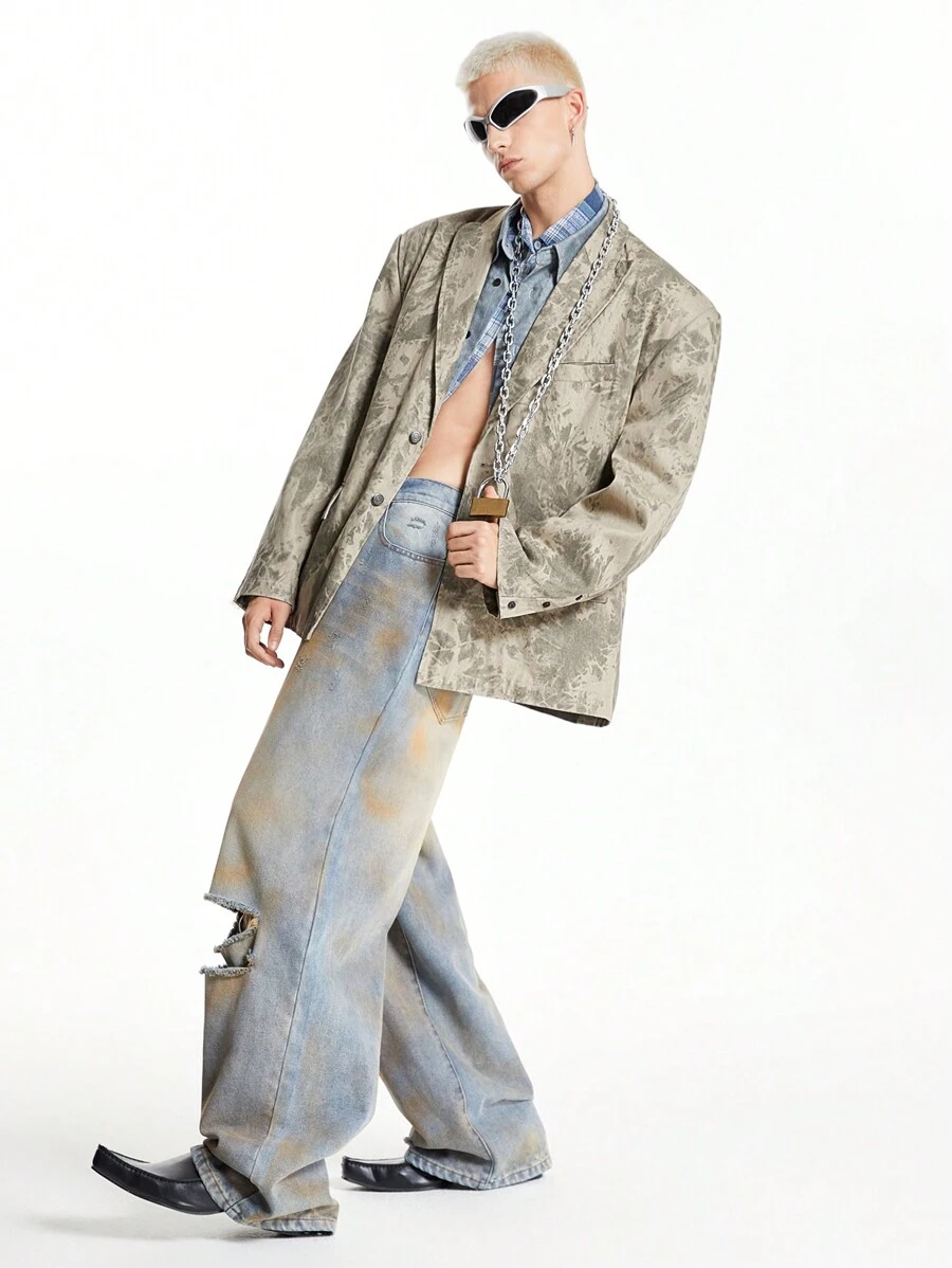 Manfinity VCAY 男士街头风格扎染宽大垫肩宽松编织西装外套适合秋冬季时尚 - 卡其色 - 查看 1