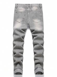 Men Cartoon Patched Ripped Slim Straight Jeans, For Halloween - Grey - View 2
