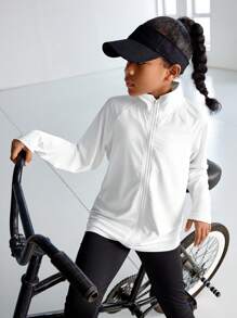 SHEIN Áo lưới thoáng khí cho bé gái tuổi teen, Yoga ngoài trời, Thể dục, Chạy bộ và Đạp xe, Thoải mái, Thân thiện với da, Áo khoác cổ đứng, Áo khoác tập luyện thể thao thể thao - trắng - Xem 1