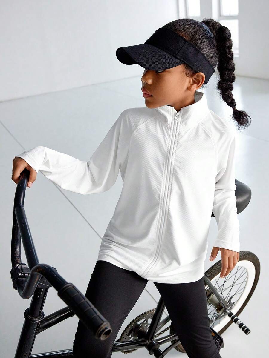 SHEIN Áo lưới thoáng khí cho bé gái tuổi teen, Yoga ngoài trời, Thể dục, Chạy bộ và Đạp xe, Thoải mái, Thân thiện với da, Áo khoác cổ đứng, Áo khoác tập luyện thể thao thể thao - trắng - Xem 1