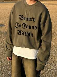 DAZY Men's Autumn Letter Print Pullover Sweatshirt - Green - View 3