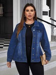 EMERY ROSE Plus Size Women's Plain Simple Daily Wear Long Sleeve Denim Jacket Elegant - Dark Wash - View 4