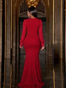 Faeriesty Square Collar Split Thigh Mermaid Hem Belted Formal Dress - Red - View 2