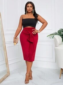 SHEIN Lady Plus Size Women's Business Professional Red Bowknot Belt Bodycon Skirt Going Out Outfits - Red - View 3