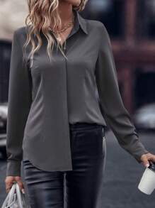 EMERY ROSE Casual Solid Color Long Sleeve Shirt For Spring And Autumn Fall Cloth For Women - Dark Grey - View 6