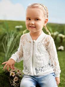 SHEIN Young Girl Single Breathable Lace Ribbed Zipper Jacket Coat,  Elegant - White - View 1