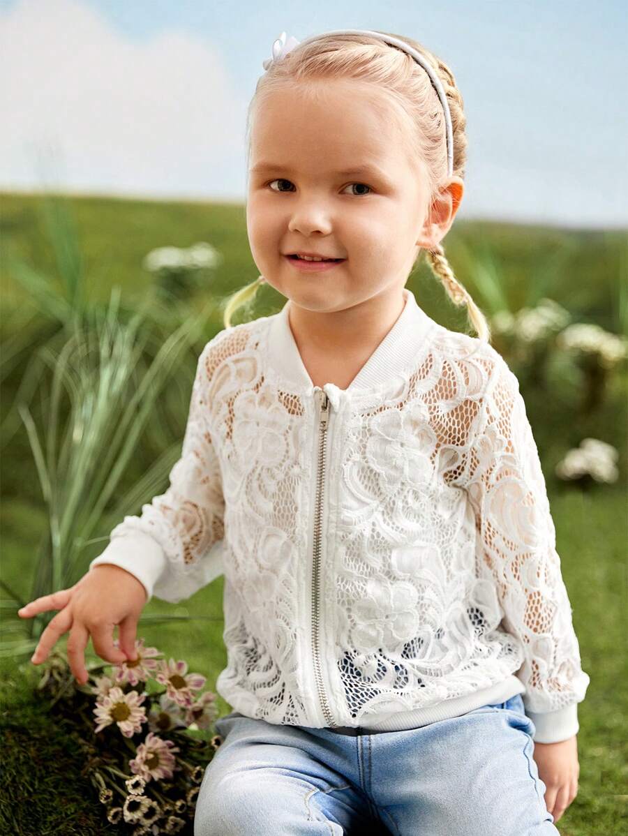 SHEIN Young Girl Single Breathable Lace Ribbed Zipper Jacket Coat,  Elegant - White - View 1