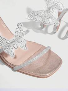 Twin Melody X SHEIN CUCCOO SZL 时尚性感女士香槟色缠脚踝蝴蝶结设计高跟凉鞋，适合工作、约会、聚会、婚礼和度假万圣节