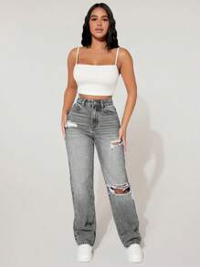 SHEIN PETITE Ladies' Loose-Fit Casual Straight-Leg Jeans With Distressed Details And Pockets - Light Grey - View 3