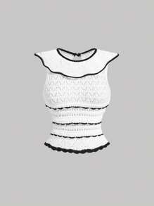 SHEIN MOD 白色撞色边花卉蕾丝波浪纹理针织背心，返校服装，复古风格，休闲女装，冬装 - 白色 - 查看 1