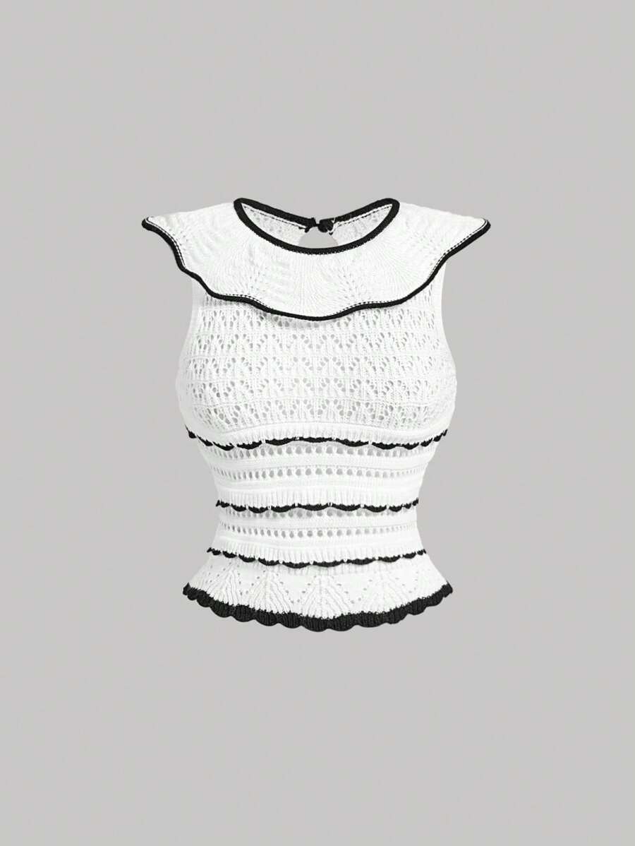 SHEIN MOD 白色撞色边花卉蕾丝波浪纹理针织背心，返校服装，复古风格，休闲女装，冬装 - 白色 - 查看 1