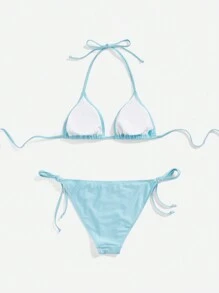 Swim Mod Conjunto de bikini de dos piezas sexy con tiras halter y nudo en la espalda para el top del conjunto de bikini y nudo lateral para el bottom del conjunto de bikini, ideal para playa de verano